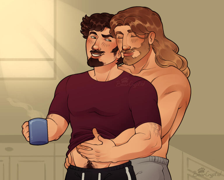 A fully rendered half-body featuring two characters. Peter Quill in his pajamas enjoying a cup of coffee with Thor hugging him from behind.