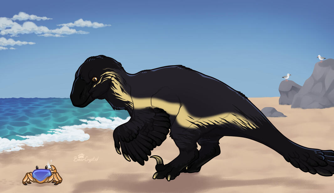 A fully rendered full body of a utahraptor. A dark colored utahraptor exploring a scenic beach, watching a brightly colored crab with curiosity.