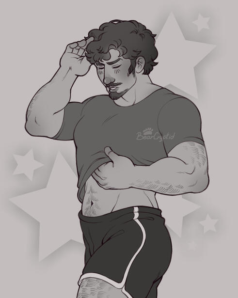 A black and white half-body sketch of Peter Quill, aka Star-Lord, in his pajamas just waking up.