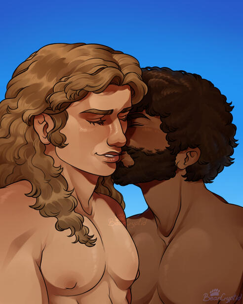A fully rendered bust featuring two characters. The Greek hero Achilles smiles appreciatively as his beloved Patroclus kisses his cheek.
