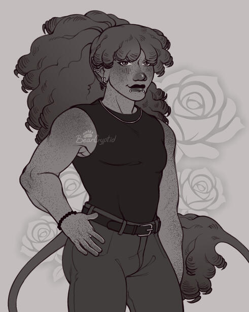 A black and white half-body sketch of my oc Parker.